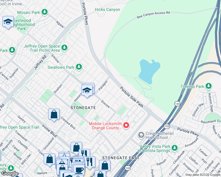 map of restaurants, bars, coffee shops, grocery stores, and more near 61 Dunmore in Irvine