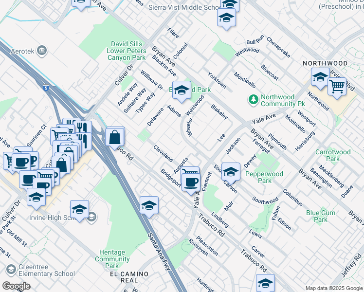 map of restaurants, bars, coffee shops, grocery stores, and more near 19 Jefferson in Irvine