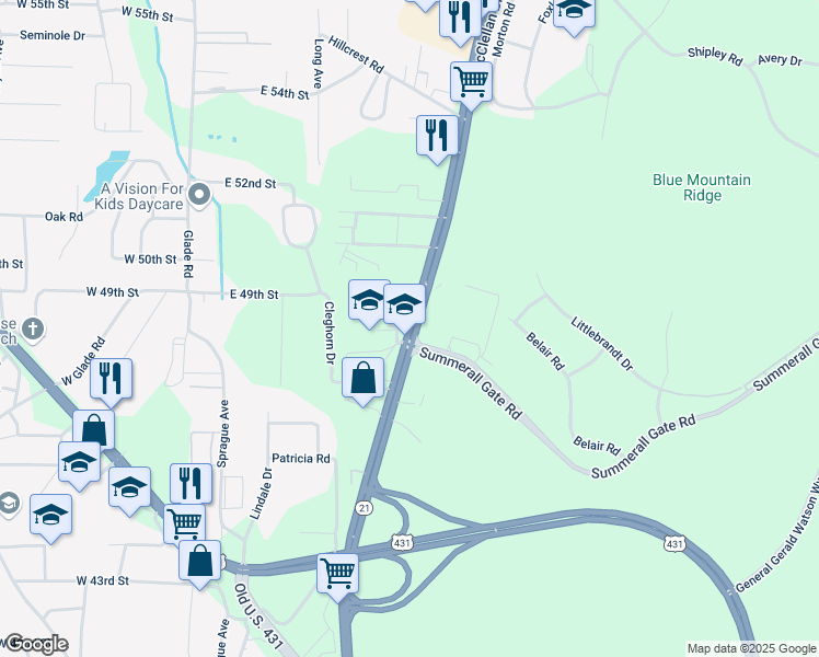 map of restaurants, bars, coffee shops, grocery stores, and more near 4804 McClellan Boulevard in Anniston