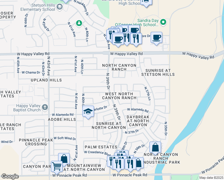 map of restaurants, bars, coffee shops, grocery stores, and more near 24250 North 39th Avenue in Glendale