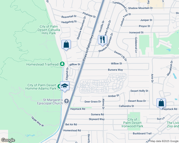 map of restaurants, bars, coffee shops, grocery stores, and more near 72796 Tamarisk Street in Palm Desert