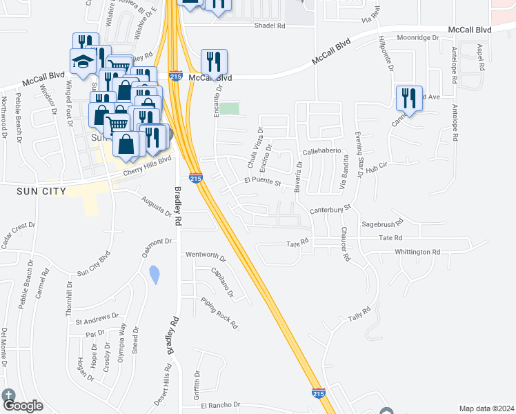 map of restaurants, bars, coffee shops, grocery stores, and more near 28377 Encanto Drive in Menifee