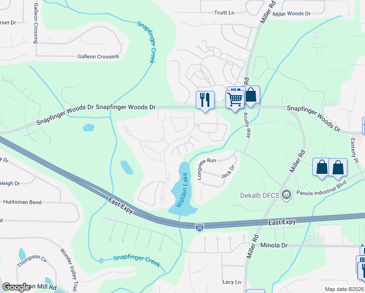 map of restaurants, bars, coffee shops, grocery stores, and more near 4927 Walden Lake Square in Decatur