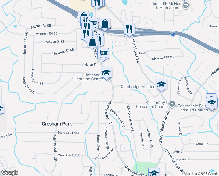 map of restaurants, bars, coffee shops, grocery stores, and more near 1983 Chickadee Way in Atlanta