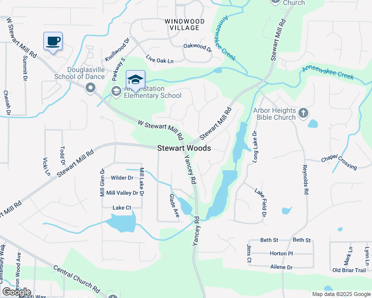 map of restaurants, bars, coffee shops, grocery stores, and more near Yancey Road in Douglasville