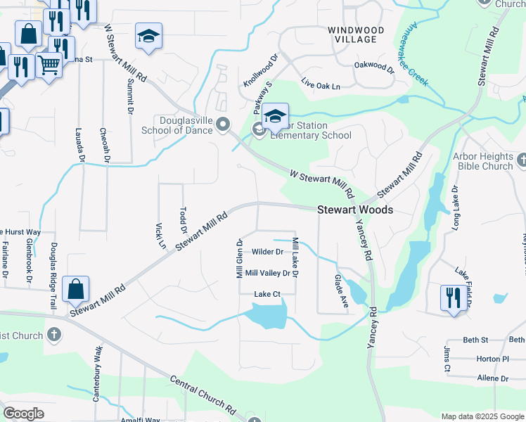 map of restaurants, bars, coffee shops, grocery stores, and more near 3551 Mill Glen Drive in Douglasville