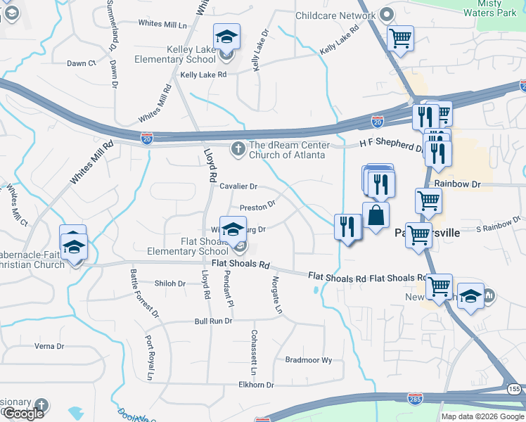 map of restaurants, bars, coffee shops, grocery stores, and more near 2635 Preston Drive in Decatur