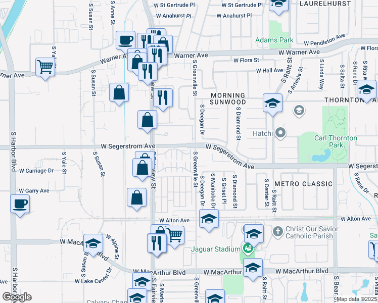 map of restaurants, bars, coffee shops, grocery stores, and more near 2610 West Segerstrom Avenue in Santa Ana