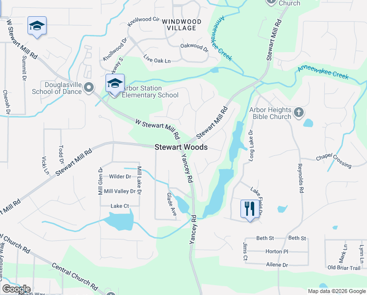 map of restaurants, bars, coffee shops, grocery stores, and more near 3782 Lanier Drive in Douglasville