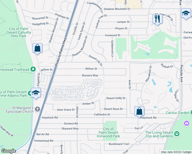 map of restaurants, bars, coffee shops, grocery stores, and more near 73245 Bursera Way in Palm Desert
