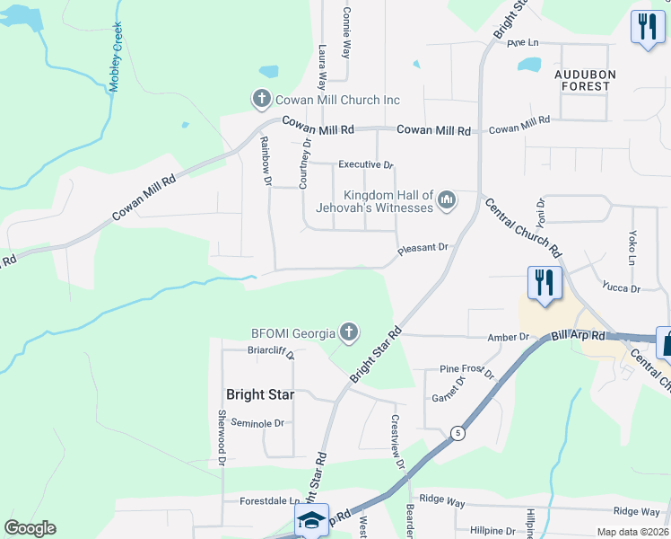map of restaurants, bars, coffee shops, grocery stores, and more near 6529 Pleasant Drive in Winston