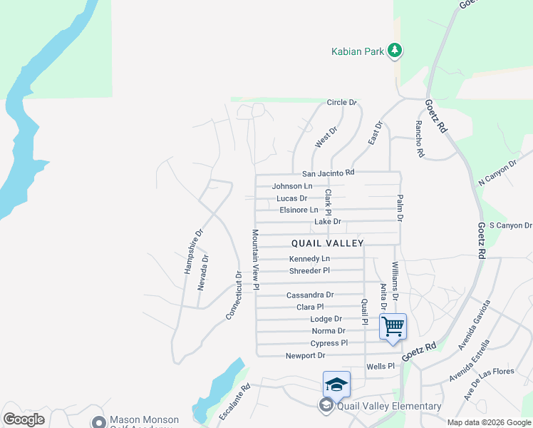 map of restaurants, bars, coffee shops, grocery stores, and more near Elsinore Lane in Menifee
