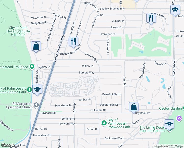 map of restaurants, bars, coffee shops, grocery stores, and more near 73199 Rod Laver Lane in Palm Desert