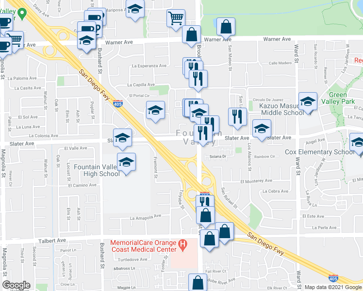map of restaurants, bars, coffee shops, grocery stores, and more near 9930 Slater Avenue in Fountain Valley