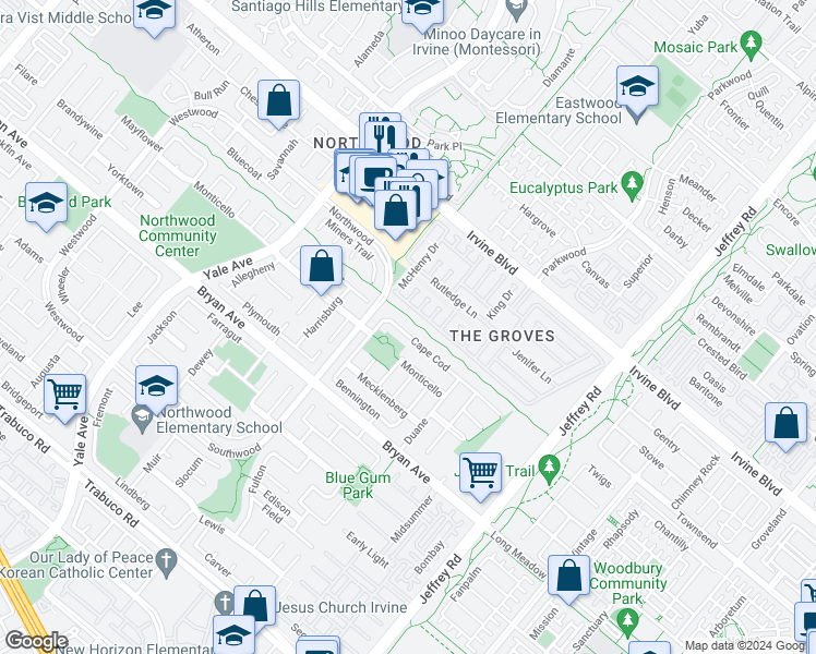 map of restaurants, bars, coffee shops, grocery stores, and more near 68 Cape Cod in Irvine