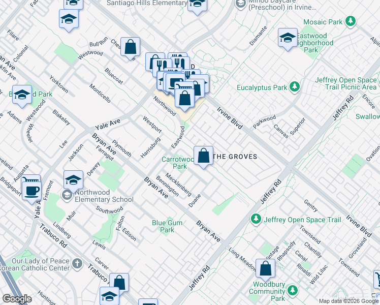 map of restaurants, bars, coffee shops, grocery stores, and more near 68 Cape Cod in Irvine