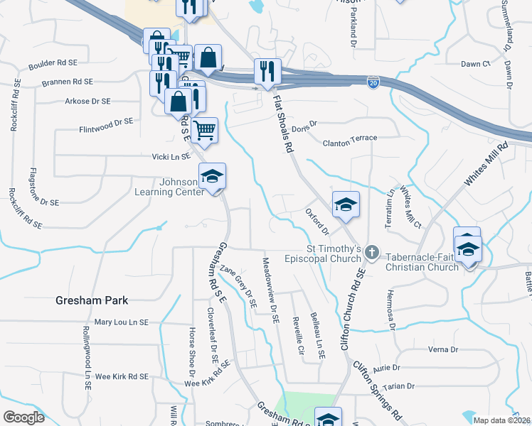map of restaurants, bars, coffee shops, grocery stores, and more near 2712 Larkspur Drive Southeast in Atlanta