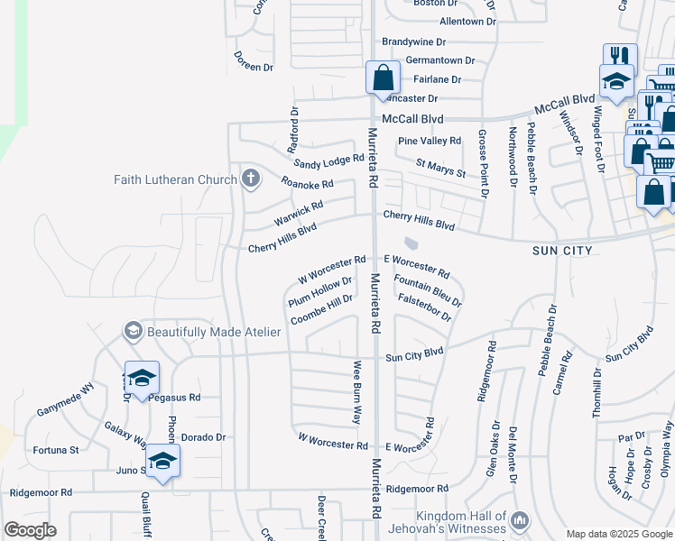 map of restaurants, bars, coffee shops, grocery stores, and more near 28258 West Worcester Road in Menifee