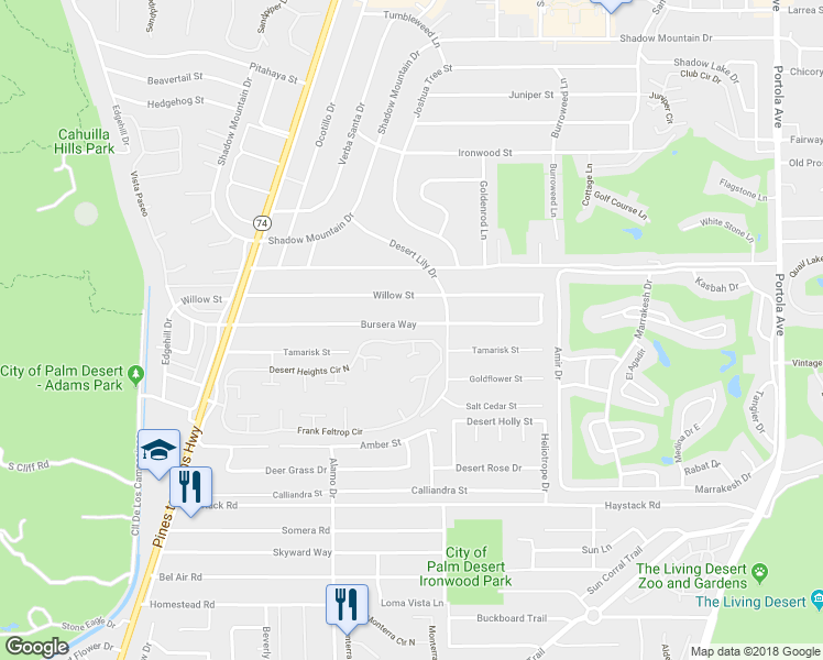 map of restaurants, bars, coffee shops, grocery stores, and more near 73245 Bursera Way in Palm Desert