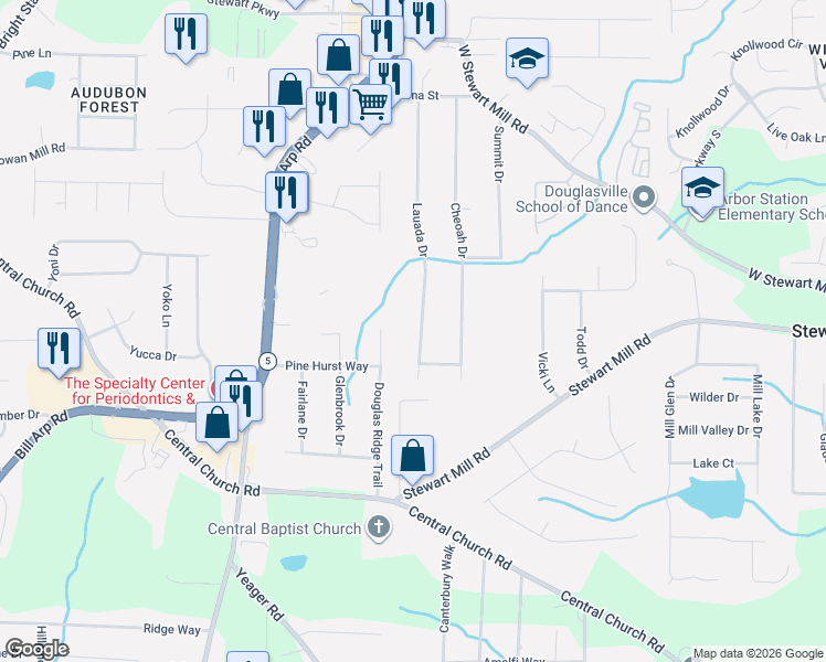 map of restaurants, bars, coffee shops, grocery stores, and more near 4092 Lauada Drive in Douglasville