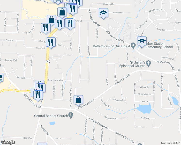 map of restaurants, bars, coffee shops, grocery stores, and more near 4069 Cheoah Drive in Douglasville