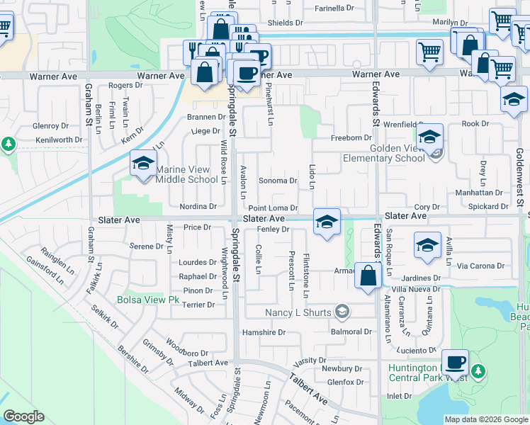 map of restaurants, bars, coffee shops, grocery stores, and more near 6131 Fenley Drive in Huntington Beach