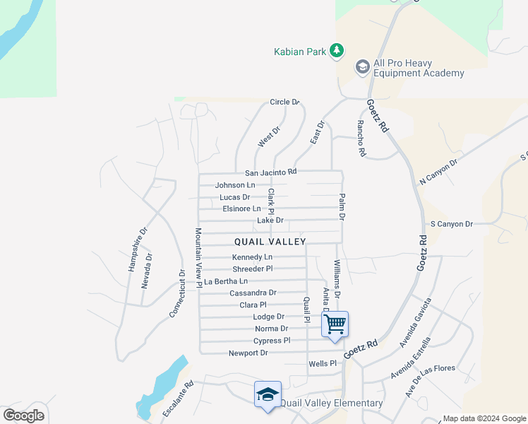 map of restaurants, bars, coffee shops, grocery stores, and more near Elsinore Lane in Menifee