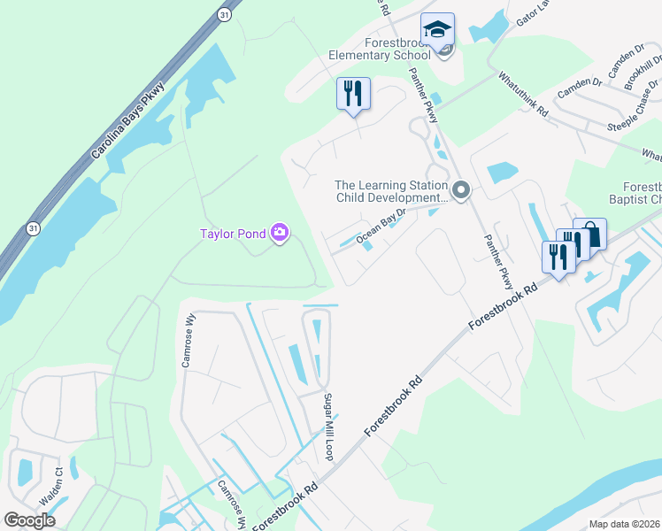 map of restaurants, bars, coffee shops, grocery stores, and more near 213 Black Bear Road in Myrtle Beach