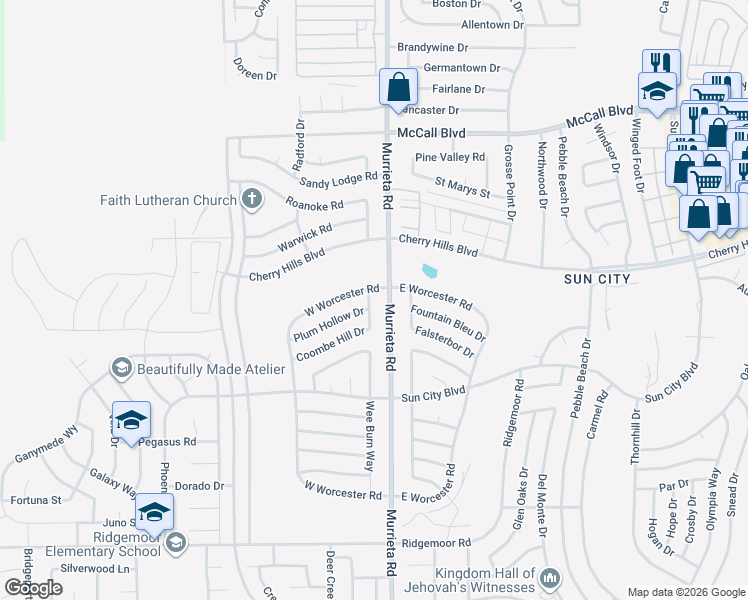 map of restaurants, bars, coffee shops, grocery stores, and more near 25981 Coombe Hill Drive in Menifee