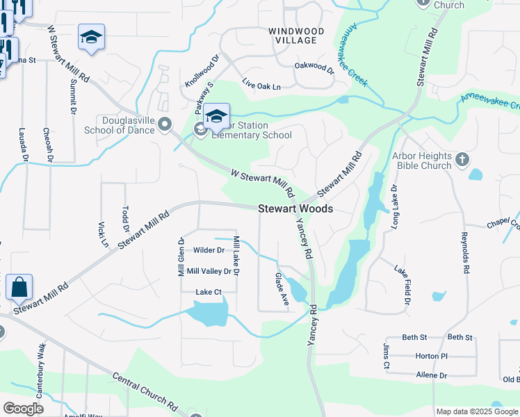 map of restaurants, bars, coffee shops, grocery stores, and more near Stewart Mill Road in Douglasville
