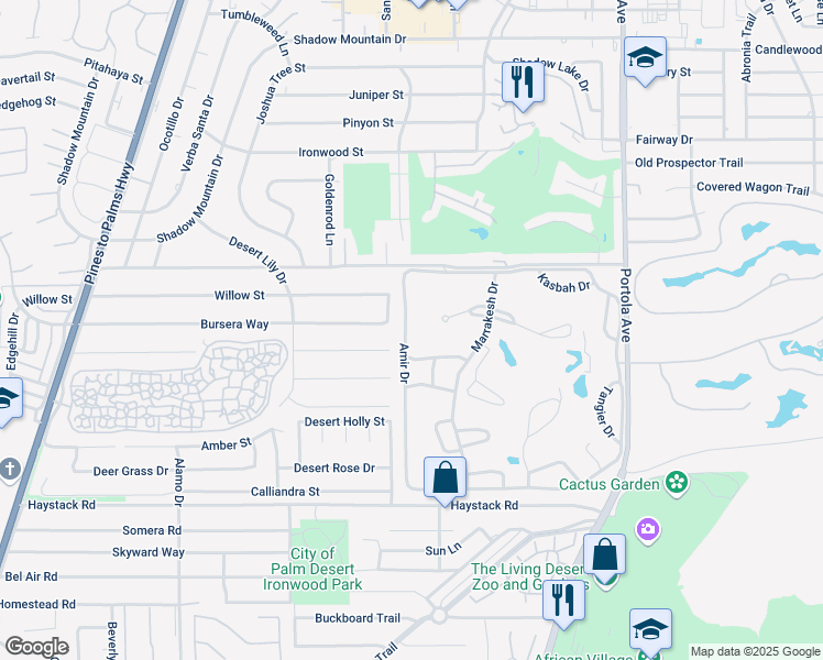 map of restaurants, bars, coffee shops, grocery stores, and more near 46800 Amir Drive in Palm Desert