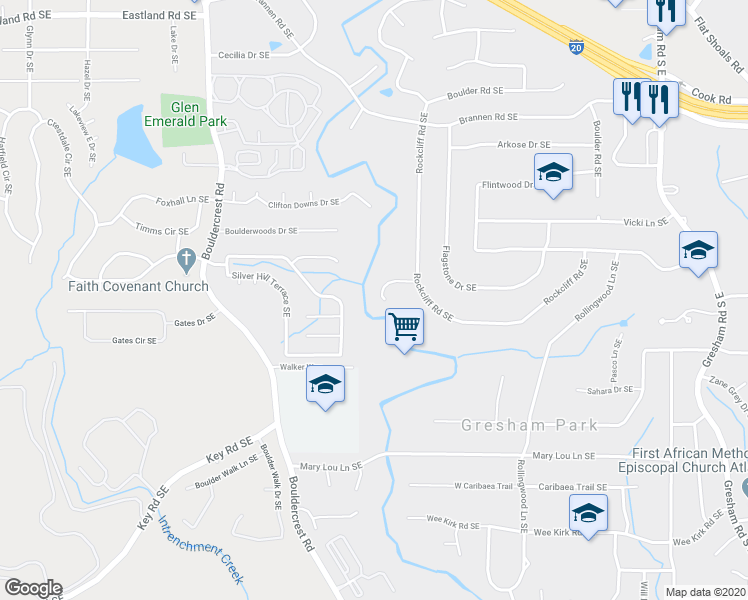 map of restaurants, bars, coffee shops, grocery stores, and more near 1650 Rockcliff Place Southeast in Atlanta
