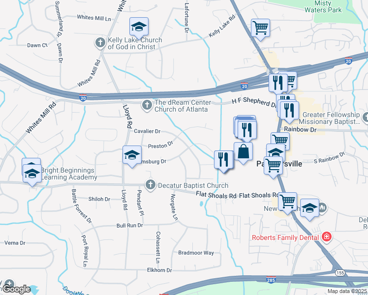 map of restaurants, bars, coffee shops, grocery stores, and more near 2672 Williamsburg Drive in Decatur