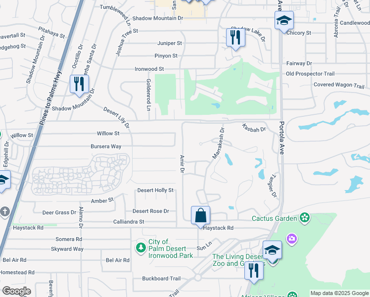 map of restaurants, bars, coffee shops, grocery stores, and more near 46800 Amir Drive in Palm Desert