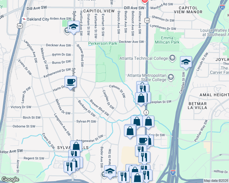 map of restaurants, bars, coffee shops, grocery stores, and more near 1696 Lisbon Drive Southwest in Atlanta