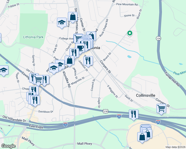 map of restaurants, bars, coffee shops, grocery stores, and more near 2658 Johnson Street in Lithonia