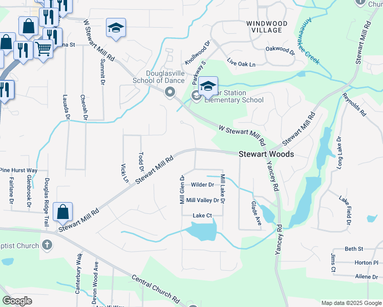 map of restaurants, bars, coffee shops, grocery stores, and more near 3554 Mill Glen Drive in Douglasville