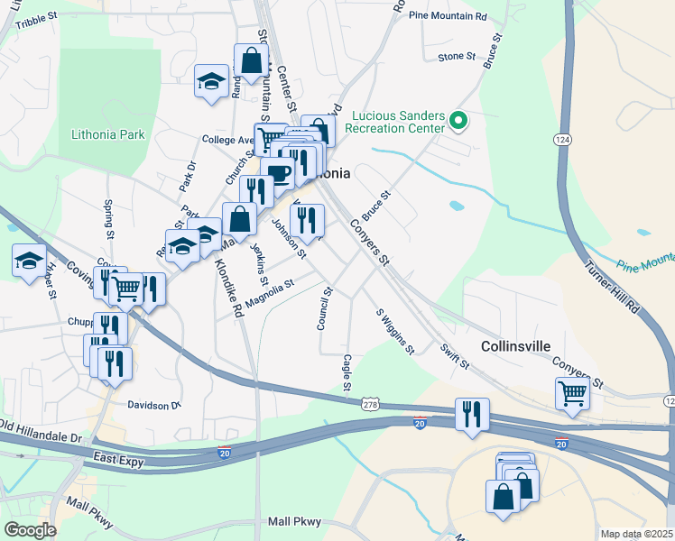 map of restaurants, bars, coffee shops, grocery stores, and more near 2658 Johnson Street in Lithonia