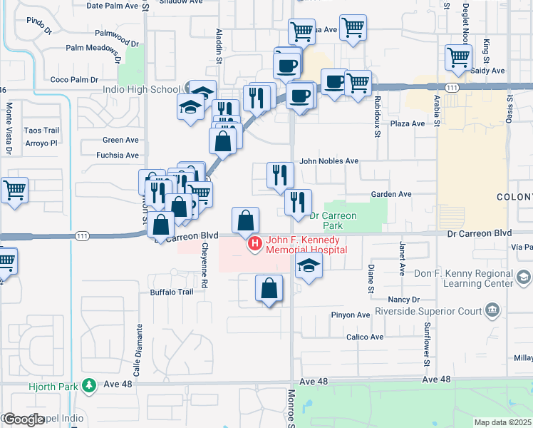 map of restaurants, bars, coffee shops, grocery stores, and more near 46845 Monroe Street in Indio