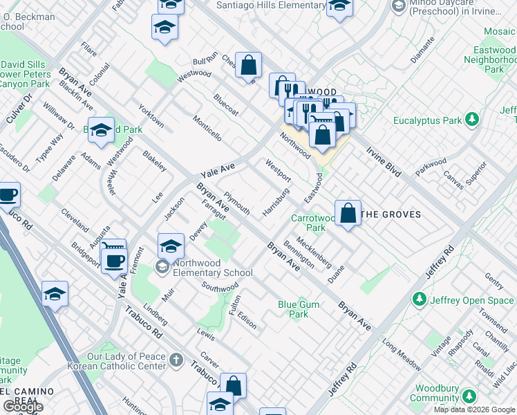 map of restaurants, bars, coffee shops, grocery stores, and more near 28 Cambridge in Irvine