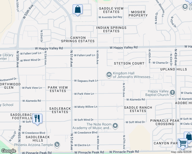 map of restaurants, bars, coffee shops, grocery stores, and more near 4900-4902 West Saguaro Park Lane in Glendale