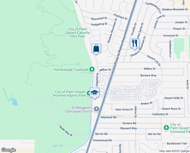 map of restaurants, bars, coffee shops, grocery stores, and more near 72564 Edgehill Drive in Palm Desert