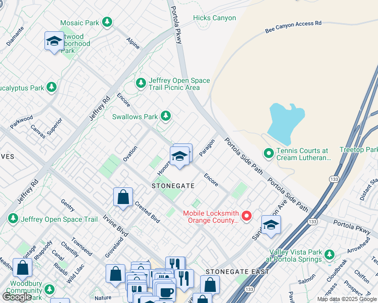 map of restaurants, bars, coffee shops, grocery stores, and more near 100 Encore in Irvine