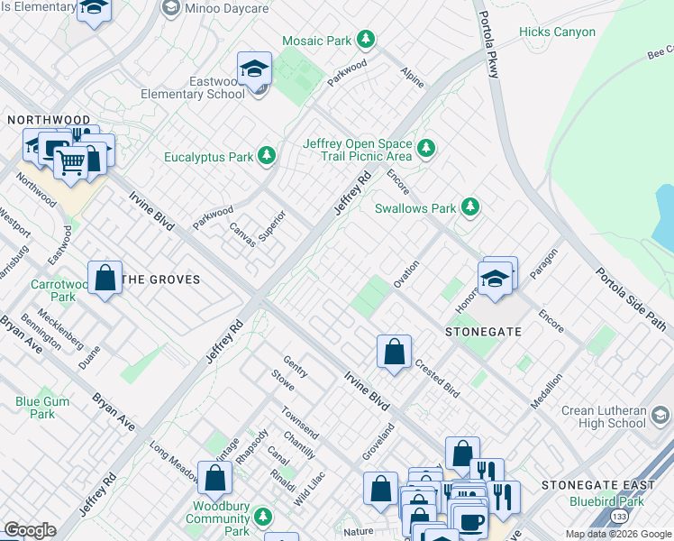 map of restaurants, bars, coffee shops, grocery stores, and more near 72 Rembrandt in Irvine