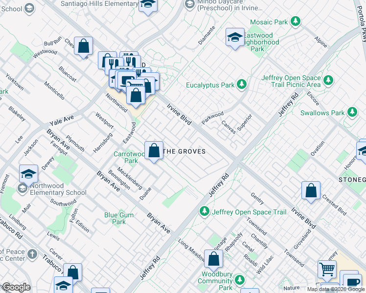 map of restaurants, bars, coffee shops, grocery stores, and more near Johnson Drive in Irvine