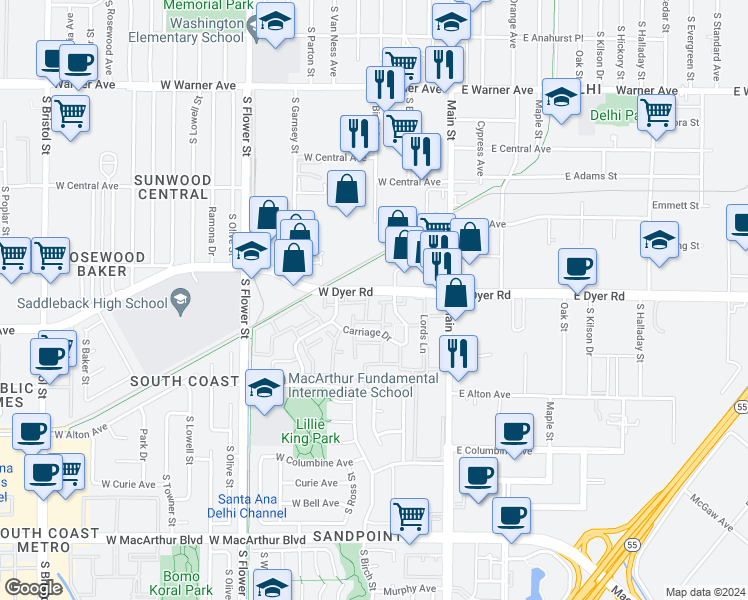 map of restaurants, bars, coffee shops, grocery stores, and more near 311A Rampart Place in Santa Ana