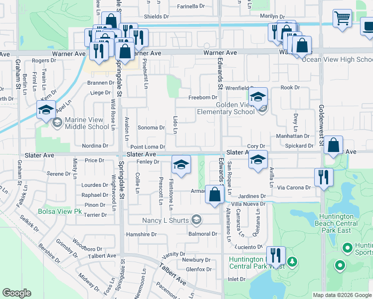 map of restaurants, bars, coffee shops, grocery stores, and more near 6292 Santa Ynez Drive in Huntington Beach