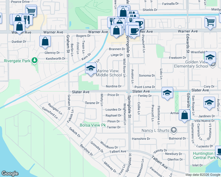 map of restaurants, bars, coffee shops, grocery stores, and more near 5861 Price Drive in Huntington Beach