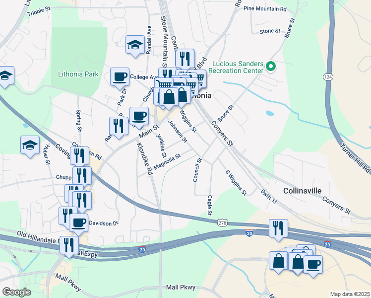 map of restaurants, bars, coffee shops, grocery stores, and more near 2637 Johnson Street in Lithonia