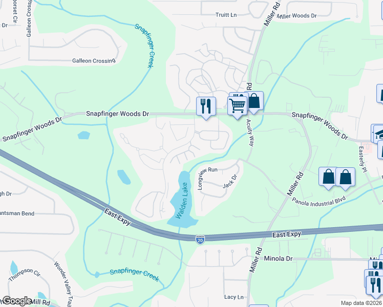 map of restaurants, bars, coffee shops, grocery stores, and more near 2552 Walden Lake Drive in Decatur